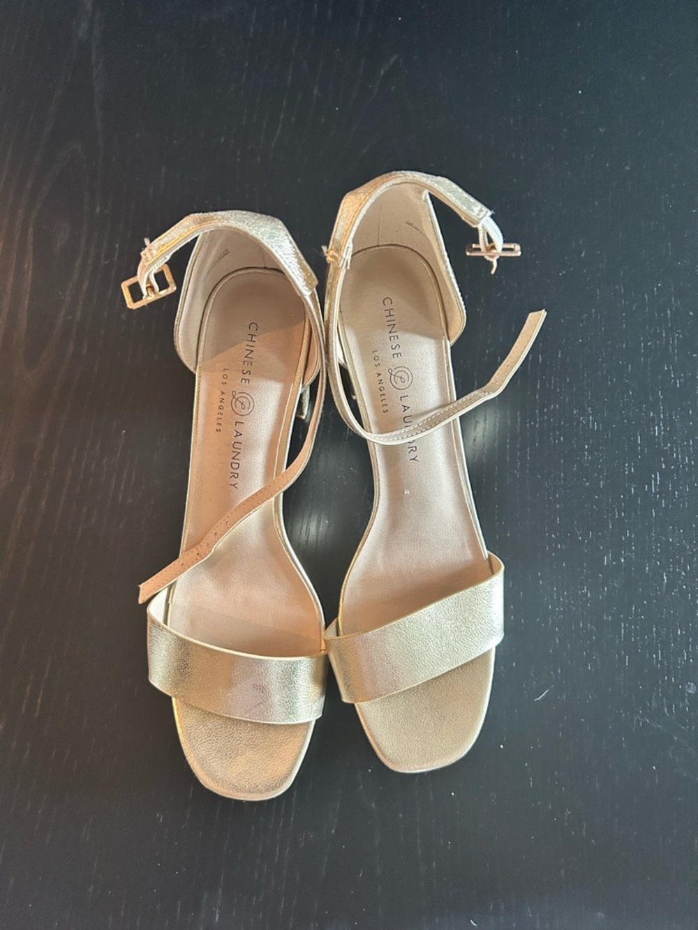 Chinese Laundry Metallic Gold Ankle-Strap Block Heels